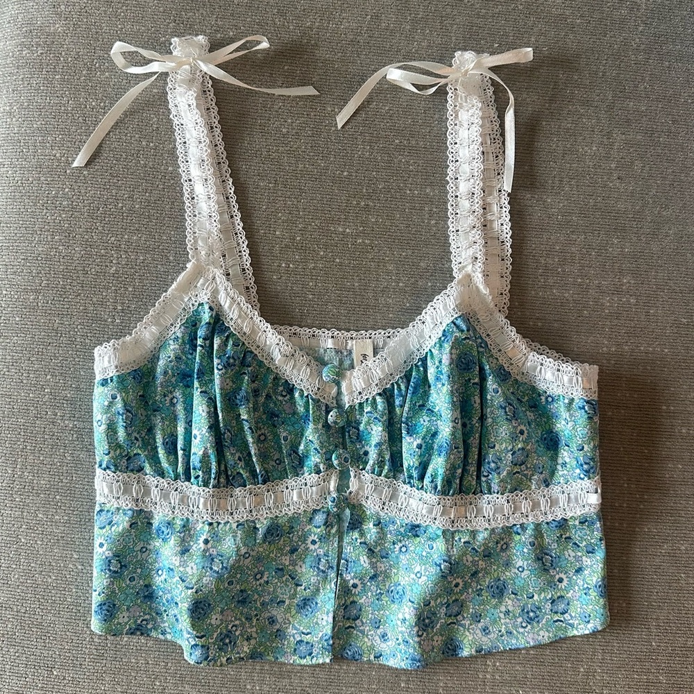 For Love And Lemons Blue Floral Lace Camisole